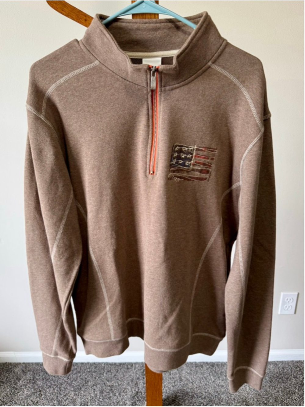 Crazy Shirts Sweater Men M Hawaii Embroidered Flag 1/4 Zip Brown Long Sleeve